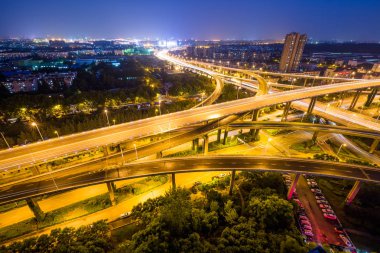 Havadan görünümü Üstgeçit gece, shanghai Çin.