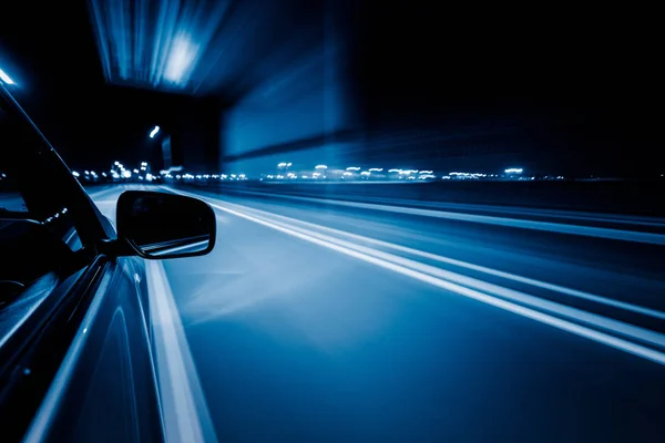 Uitzicht Vanaf Kant Van Snelle Auto Bij Nacht Motion Blur — Stockfoto