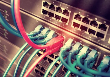 Ağ kabloları ve hub closeup fiber optik arka plan