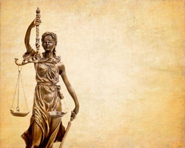 Eski kağıt arka plan, hukuk kavramı üzerinde adalet heykeli