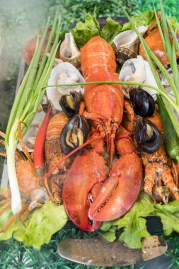 Bir okyanus gurme akşam yemeği olarak taze ıstakoz ile kabuklu deniz ürünleri kabuklu deniz ürünleri plaka