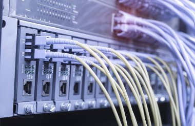 Fiber Optik kablolar optik portlara ve UTP 'ye bağlandı, ethernet portlarına bağlı ağ kabloları.
