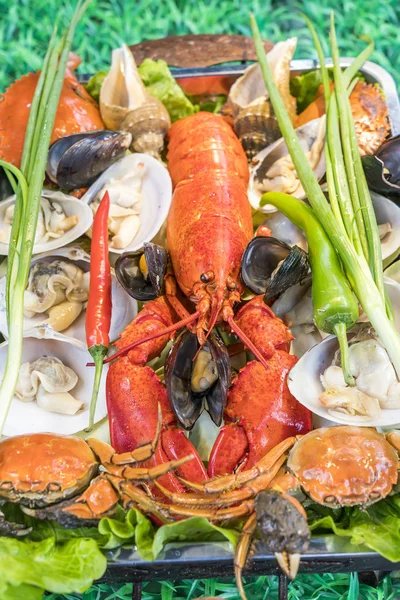 Prato Marisco Frutos Mar Crustáceos Com Lagosta Fresca Como Jantar — Fotografia de Stock