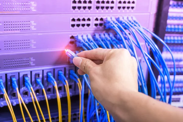 Hand Network Cables Connected Servers Datacenter — Stock Photo, Image