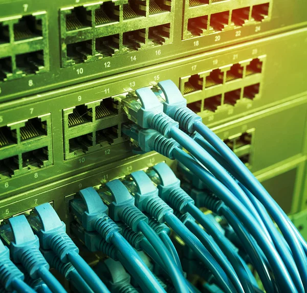 Fila Cables Red Están Conectados Interruptor — Foto de Stock