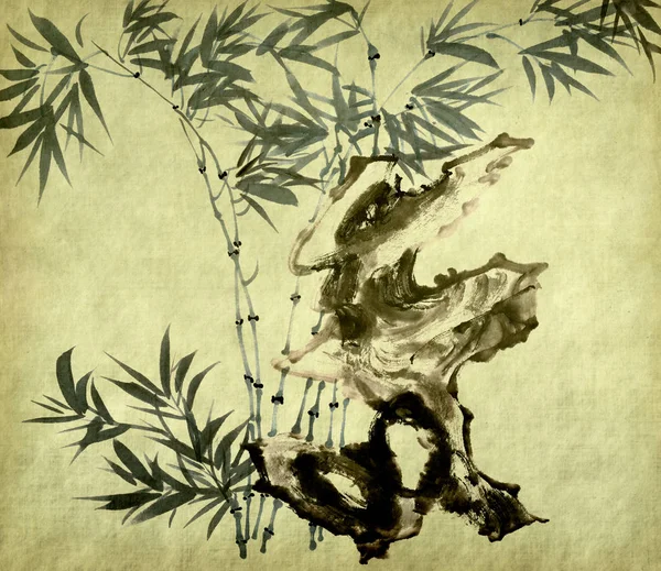 Bambusz Hagyományos Kínai Festmény Régi Papír Háttér — Stock Fotó
