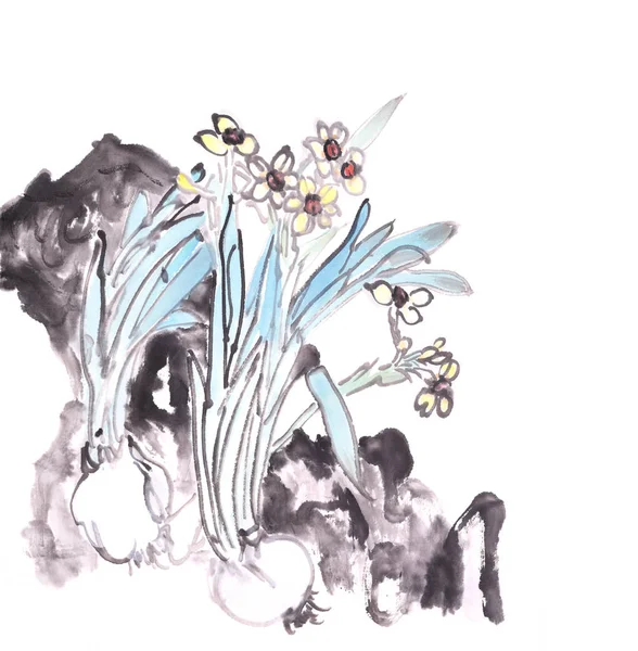 Traditional Chinese Ink Wash Painting Daffodils — 스톡 사진