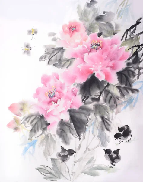 Peinture Chinoise Fleur Pivoine Encre Traditionnelle Dessin Lavis — Photo