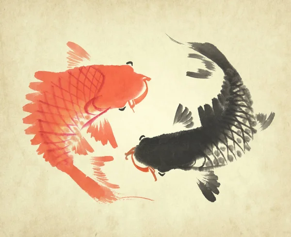 红黑相间的鲤鱼手绘传统风格 — 图库照片