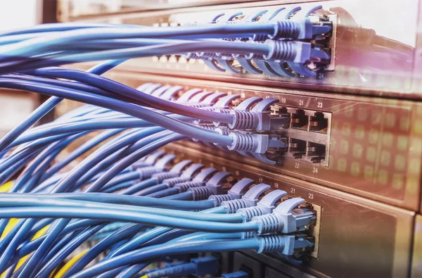 Netzwerkkabel Und Hub Nahaufnahme Mit Glasfaser Hintergrund — Stockfoto