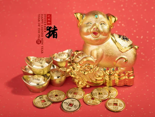 Gold Piggy Bank Tradução Caligrafia Chinesa Pig Red Texto Significa — Fotografia de Stock