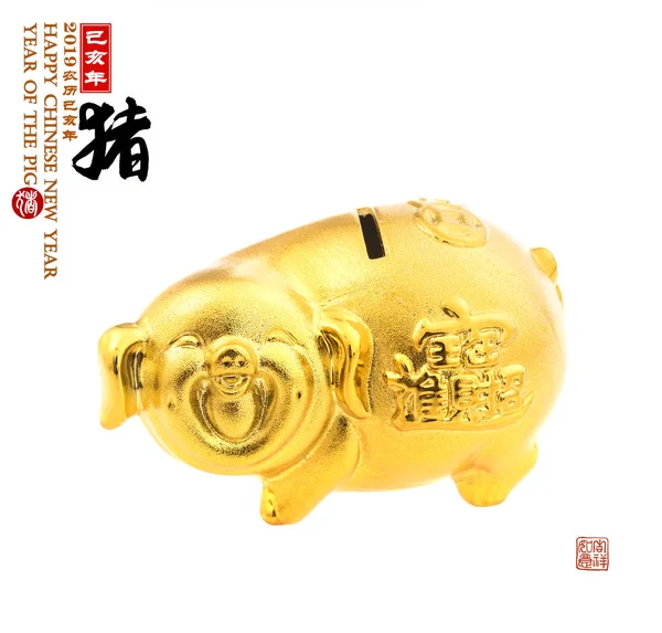Gold Piggy Bank Tradução Caligrafia Chinesa Pig Red Selos Tradução — Fotografia de Stock