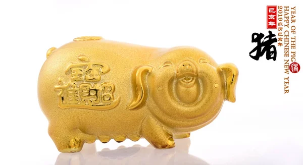 Gouden Piggy Bank Chinese Zwarte Karakters Vertaling Pig Linker Kant — Stockfoto