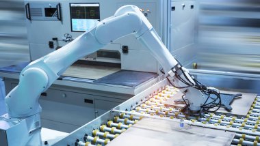 Robot kollu bilgisayar devre kartımakine montajı otomasyonu,Akıllı fabrika sanayi 4.0 kavramı.