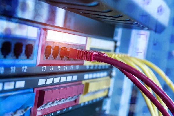Interruttore di rete e cavi ethernet, concetto di data center. — Foto Stock