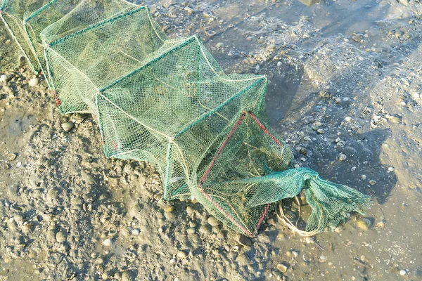 Crab cage with foam on beach — Stock Photo, Image