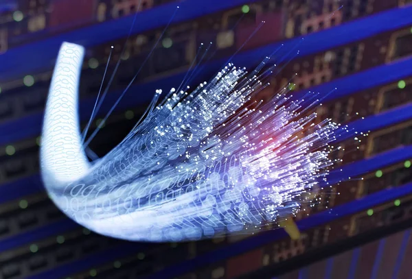 Optical fibres dinamic flying from deep on technology background — Stock Photo, Image