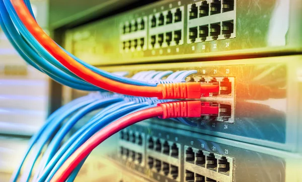 Blå och röda nätverkskablar anslutna till switch i datacenter — Stockfoto