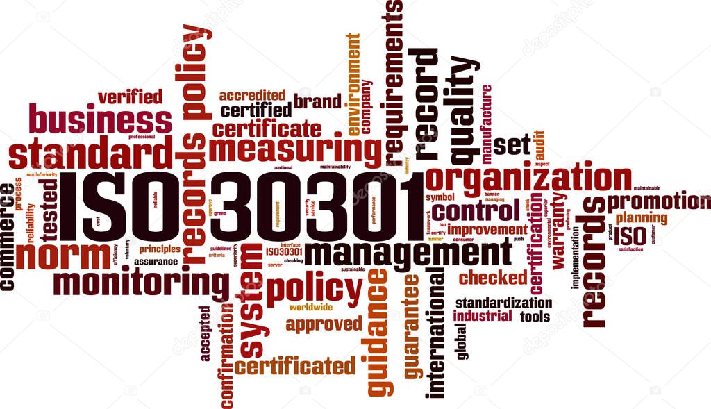 ISO 30301 word cloud concept. Vector illustration