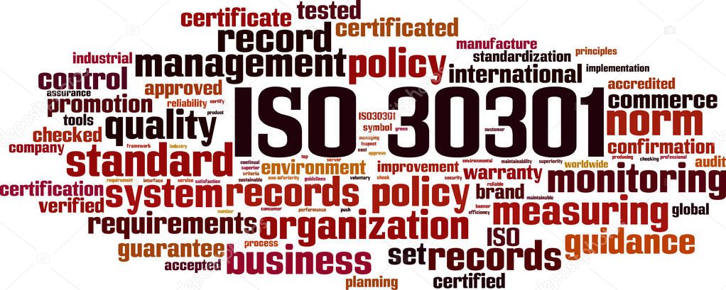 ISO 30301 word cloud concept. Vector illustration