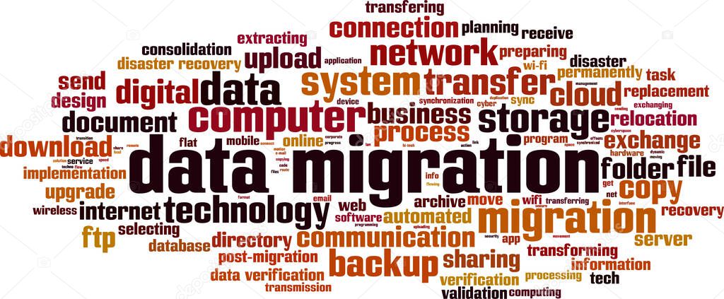 Data migration word cloud concept. Vector illustration