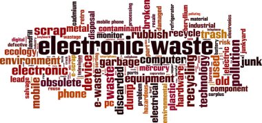 Elektronik atık kelime bulutu kavramı. Vektör çizim