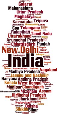 Şehirler: Hindistan kelime bulutu kavramı. Vektör çizim