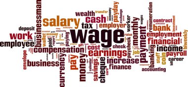 Ücret bulut u konsepti. Maaşla ilgili kelimelerden yapılmış kolaj. Vektör çizimi