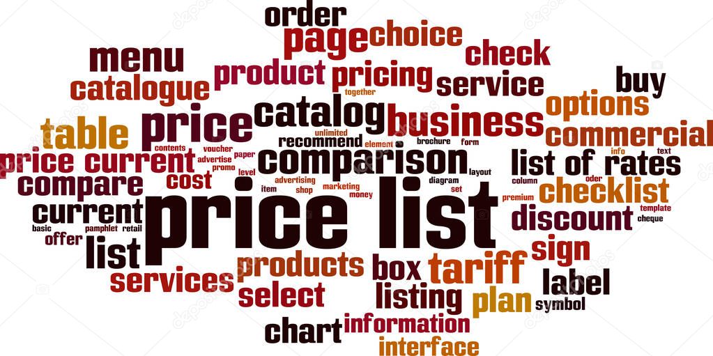 Price list word cloud concept. Collage made of words about consensus. Vector illustration