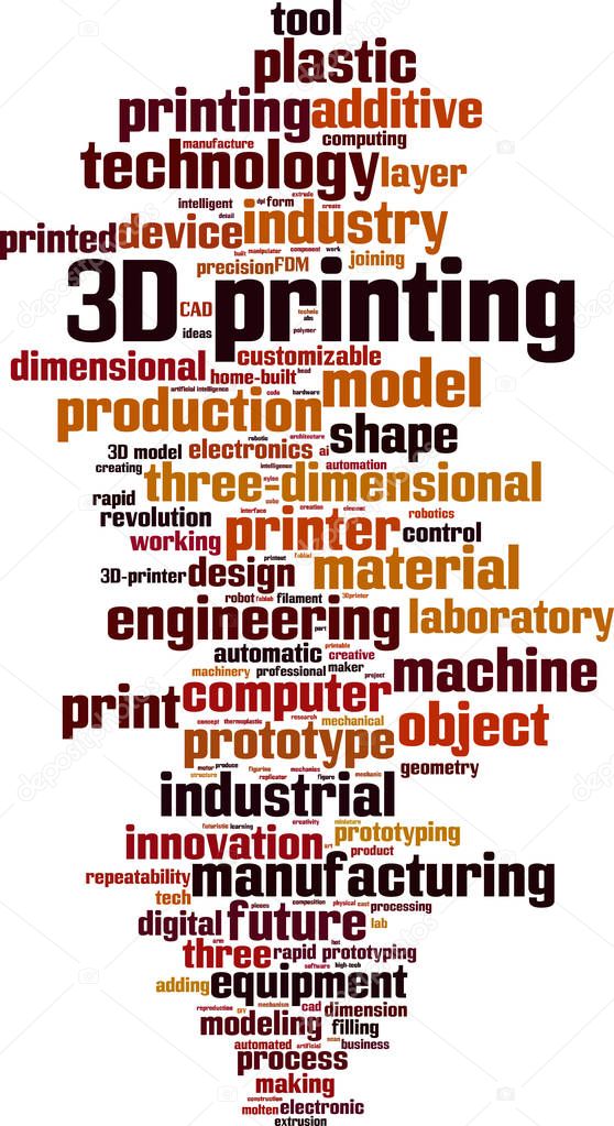 3D printing word cloud concept. Collage made of words about 3D printing. Vector illustration 
