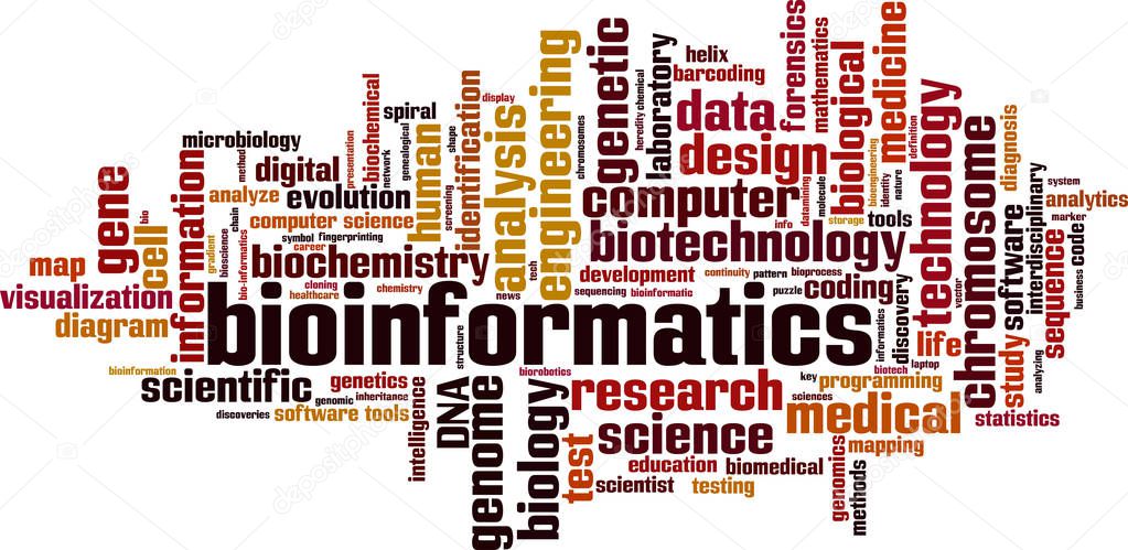 Bioinformatics word cloud concept. Collage made of words about bioinformatics. Vector illustration 