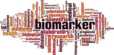 Biomarker kelime bulut kavramı. Biyomarker hakkında kelimelerden yapılmış kolaj. Vektör çizimi 