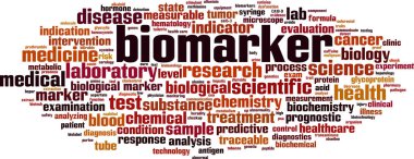 Biomarker kelime bulut kavramı. Biyomarker hakkında kelimelerden yapılmış kolaj. Vektör çizimi 