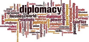 Diplomasi kelimesi bulut konsepti. Diplomasi ile ilgili kelimelerden oluşan kolaj. Vektör illüstrasyonu 