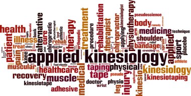 Kineziyoloji kelime bulut konsepti uyguladım. Uygulamalı kineziyoloji ile ilgili kelimelerden oluşan kolaj. Vektör illüstrasyonu 