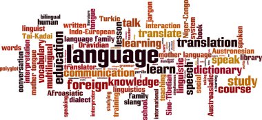 Dil kelime bulut konsepti. Dil ile ilgili kelimelerden oluşan kolaj. Vektör illüstrasyonu 