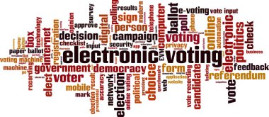 Elektronik kelime bulut konsepti. Elektronik oylama ile ilgili kelimelerden oluşan kolaj. Vektör illüstrasyonu 