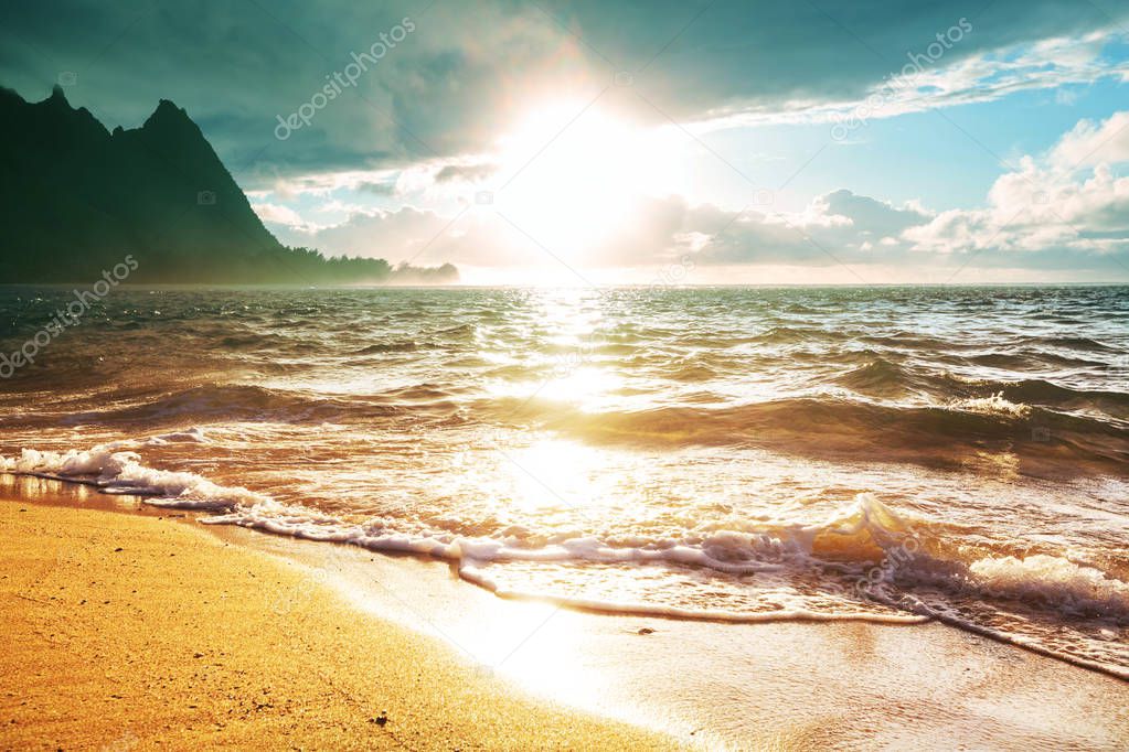 Beautiful scene in Tunnels Beach on the Island of Kauai, Hawaii, USA