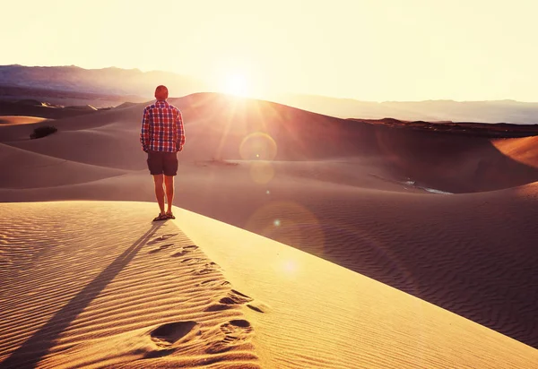 日落时沙漠中的徒步旅行者 — 图库照片
