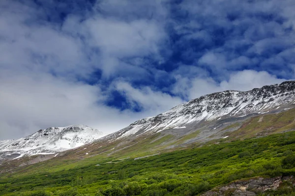 夏天的阿拉斯加风景如画的山脉 覆盖着大块积雪 冰川和岩石的山峰 — 图库照片