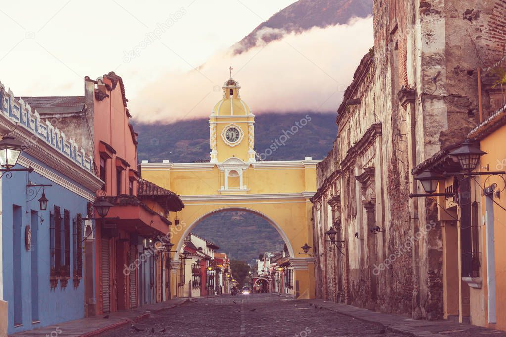 Colonial architecture in ancient Antigua Guatemala city, Central America, Guatemala