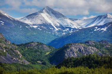 Yazın Alaska 'nın Picturesque Dağları. Karla kaplı kütleler, buzullar ve kayalık tepeler.