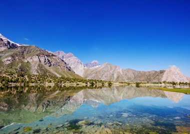 Tacikistan 'daki Fanns dağlarındaki güzel sakin göl (Pamir' in kolu).