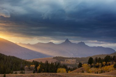 Beartooth Geçidi 'nin güzel manzarası. Shoshone Ulusal Ormanı, Wyoming, ABD. Gün doğumu sahnesi.