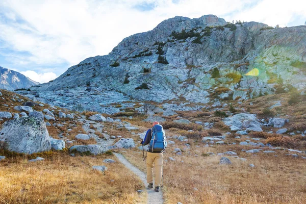 Hiker in Wind River Range in Wyoming, USA. Autumn season.