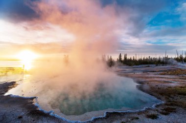 ABD 'nin Yellowstone Ulusal Parkı' ndaki gayzer tarlaları boyunca tahta kaldırım.