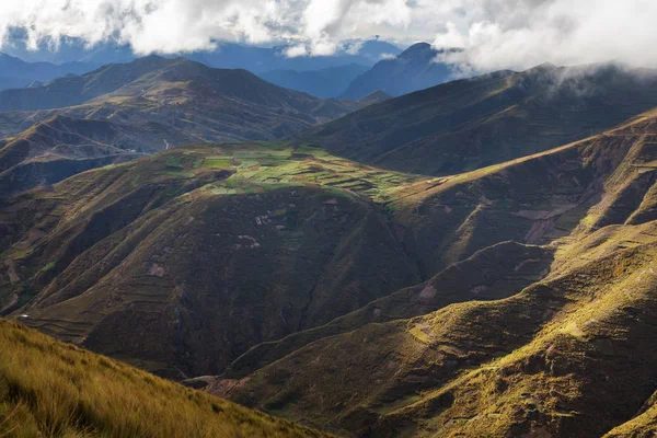Pola Uprawne Zielonych Górach Peru Ameryka Południowa — Zdjęcie stockowe