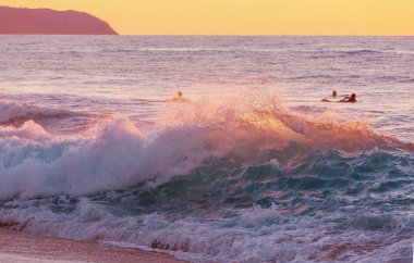 Hawaiian beach amazing. Okyanusu günbatımı veya gündoğumu sörfçü ile dalga. Dalga sıcak günbatımı renkleri ile. Oahu beach, ABD.