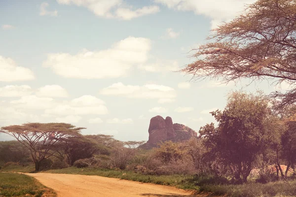 Safari Aşırı Seyahat Afrika Kuraklık Dağ Manzarası Ile Toz Offroad — Stok fotoğraf