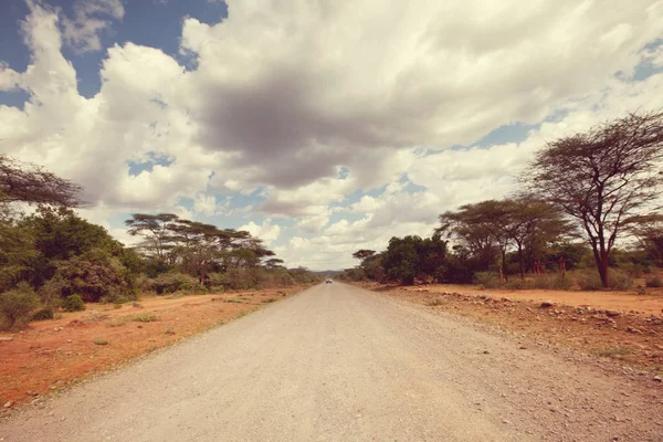 サファリや極端なアフリカを旅行します オフロード車遠征では 道路のほこり干ばつ山の風景 — ストック写真